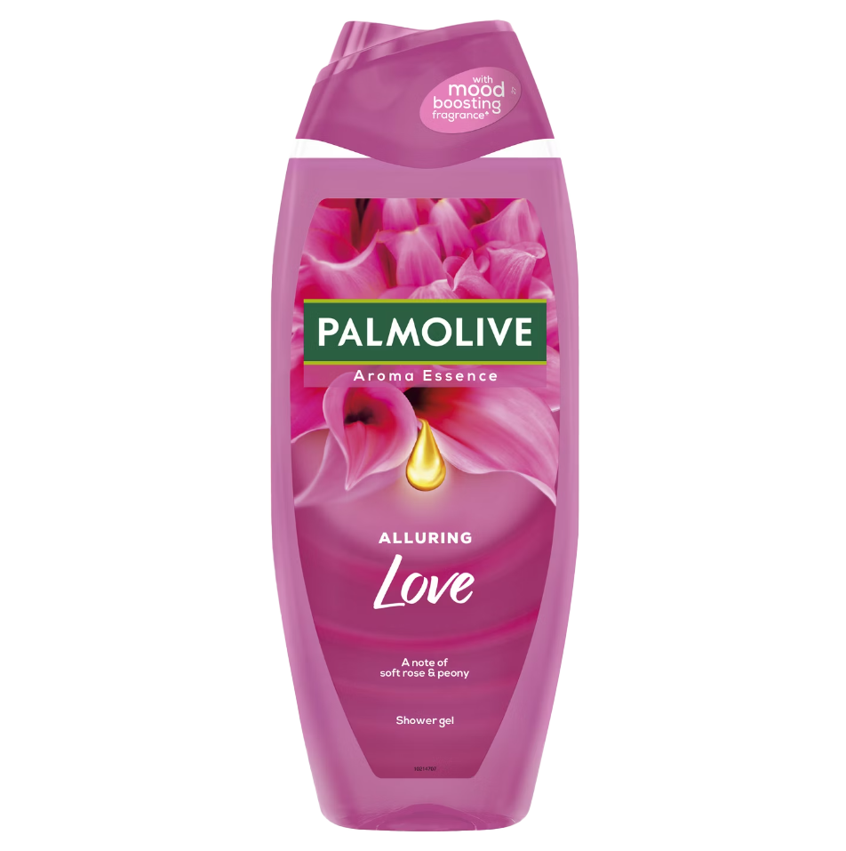 Palmolive Aroma Essence Alluring Love Shower Gel bottle with soft rose and peony scent, in a pink container featuring mood-boosting fragrance label.