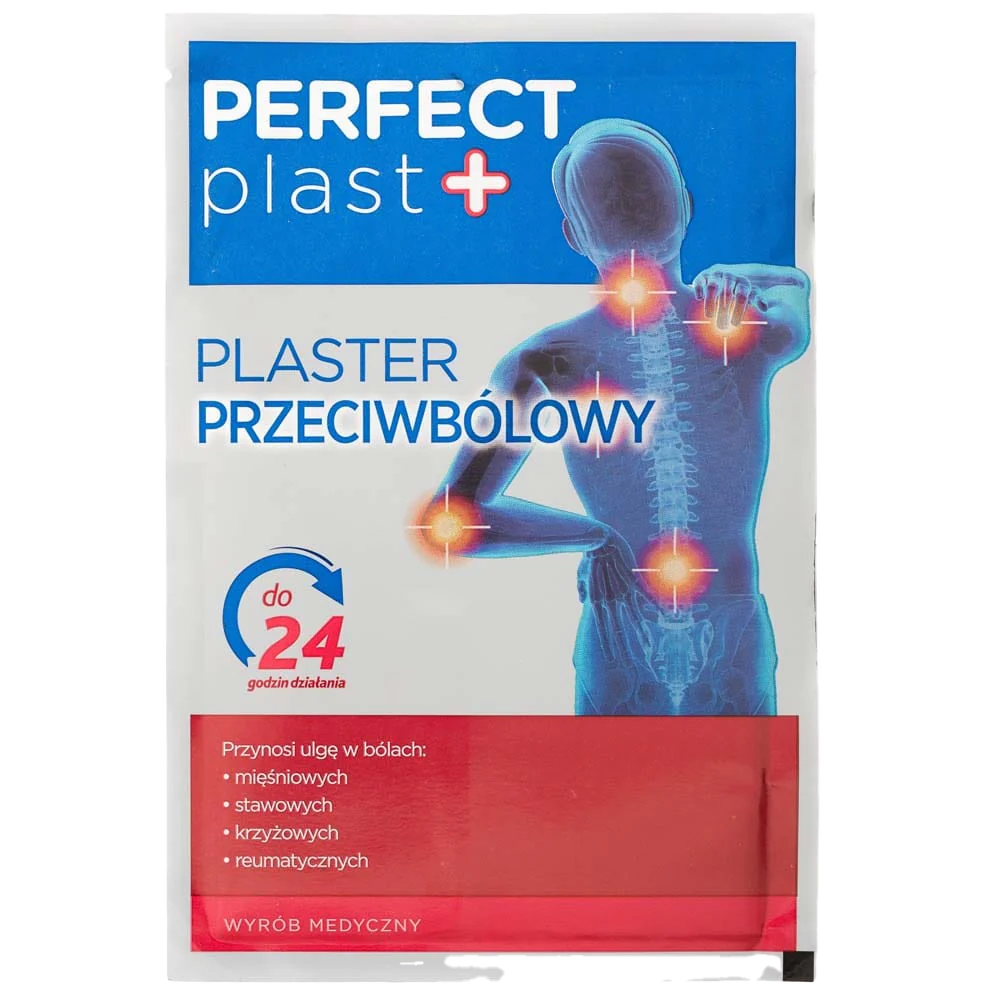 Perfect Plast+ Pain Relief Patch packaging, showing front label with pain relief points for muscles, joints, and spine, and up to 24-hour relief promise.