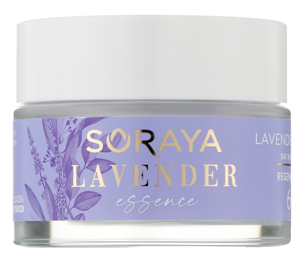 Soraya Lavender Essence 60+ regenerating day and night cream jar with lavender design and white cap