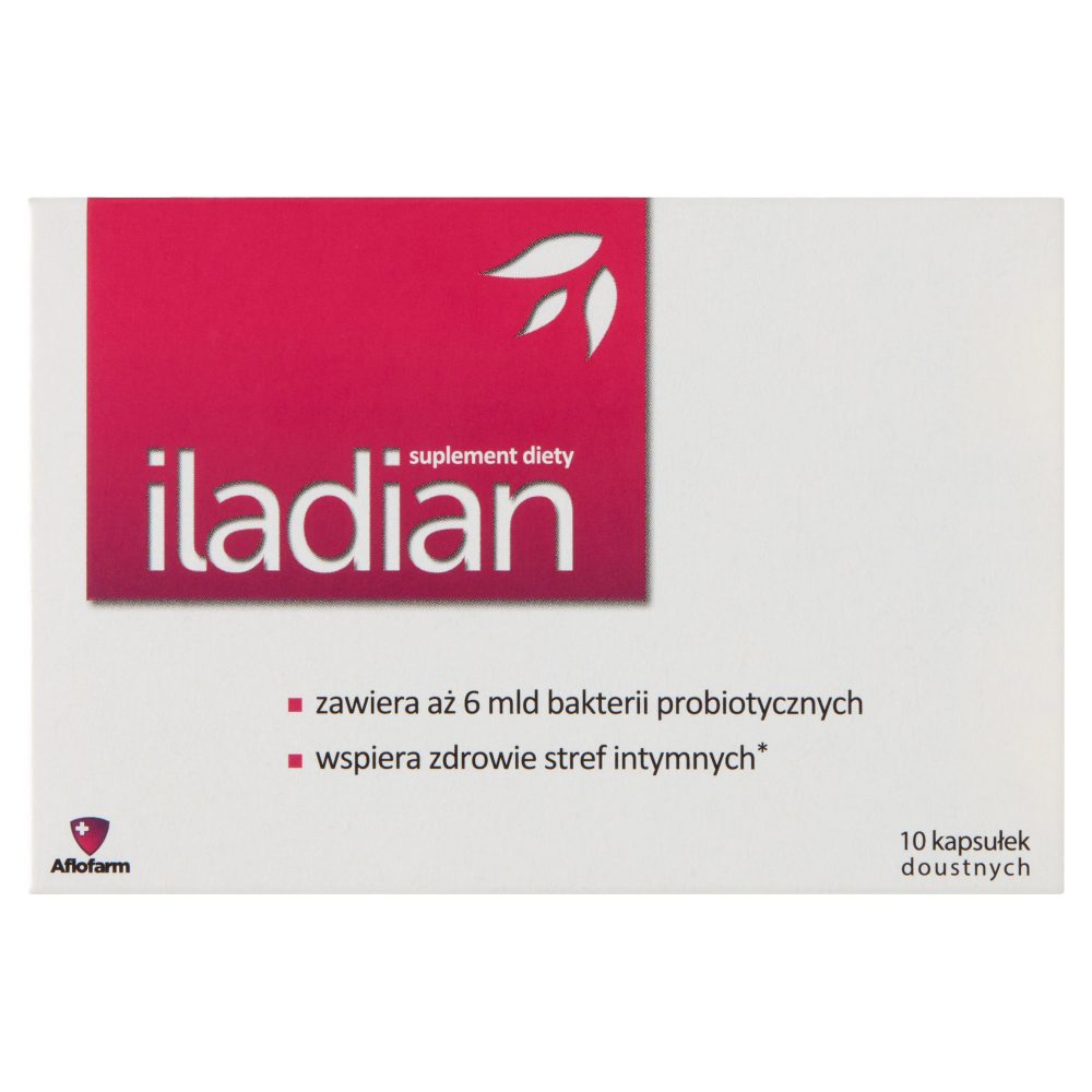 Iladian dietary supplement box with 10 capsules, featuring a red label and text highlighting 6 billion probiotic bacteria for intimate health.