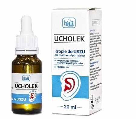 A bottle and box of Ucholek Ear Drops, a 20ml ear care solution for adults and children to relieve pain and inflammation.