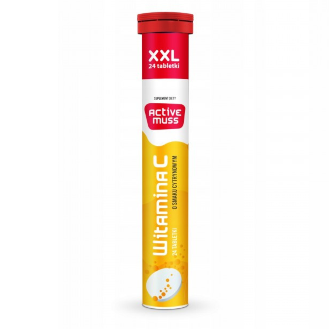 Tube of Active Muss Vitamin C Effervescent Tablets with lemon flavor, featuring XXL packaging and vibrant yellow design.