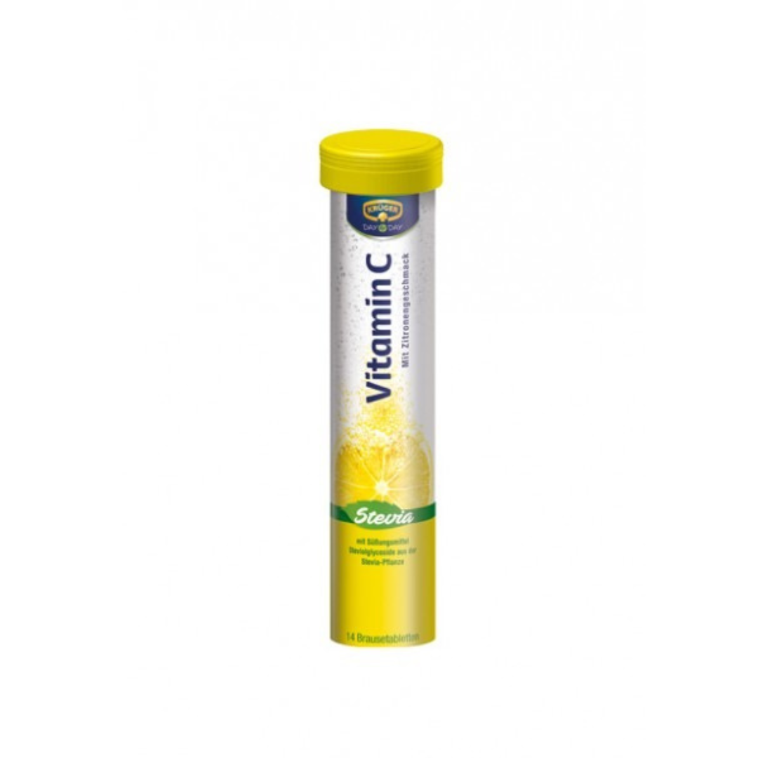 Krüger Vitamin C Effervescent Tablets tube with stevia and lemon flavor, providing immune support in a sugar-free formula.