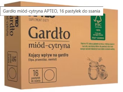APTEO Honey-Lemon Lozenges packaging, showing a 16-piece box with natural honey and lemon ingredients, FSC-certified logo.