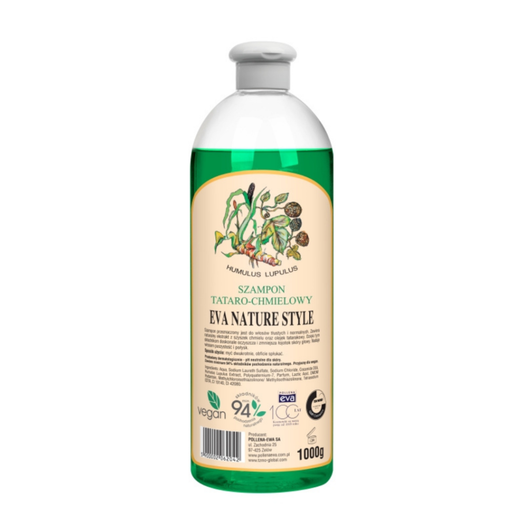 A 1-liter bottle of Eva Nature Style Calamus and Hops Shampoo with a beige label featuring botanical imagery, emphasizing its vegan and 94% natural formulation.