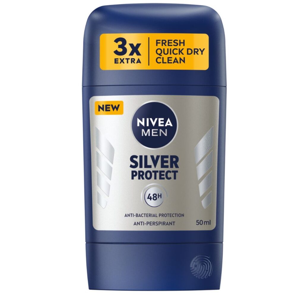 NIVEA MEN Silver Protect Anti-Perspirant Stick 50ml with 48-hour protection and silver ion antibacterial formula.