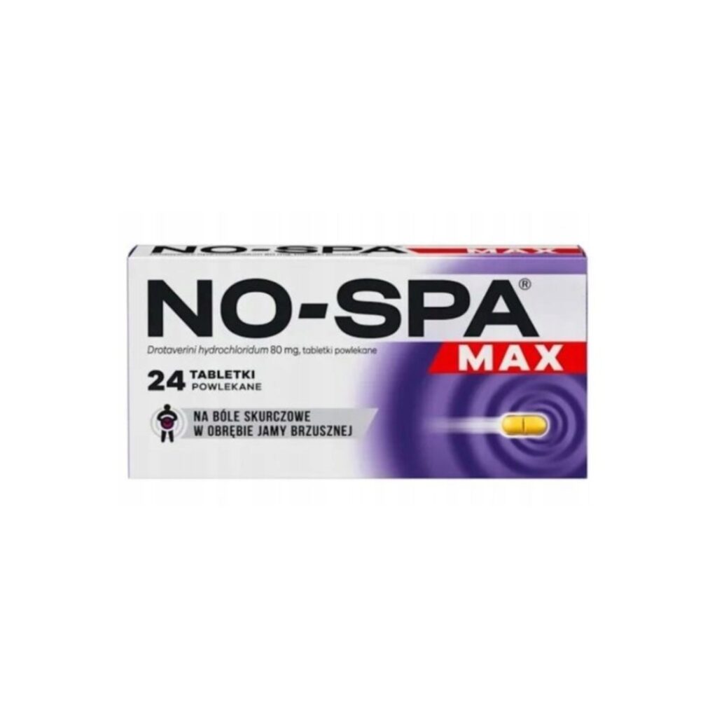 Box of No-Spa Max 80 mg tablets with 24 coated pills for abdominal cramp relief