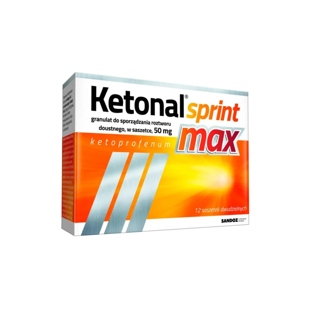 Box of Ketonal Sprint Max 50 mg oral granules with 12 sachets for fast and effective pain relief