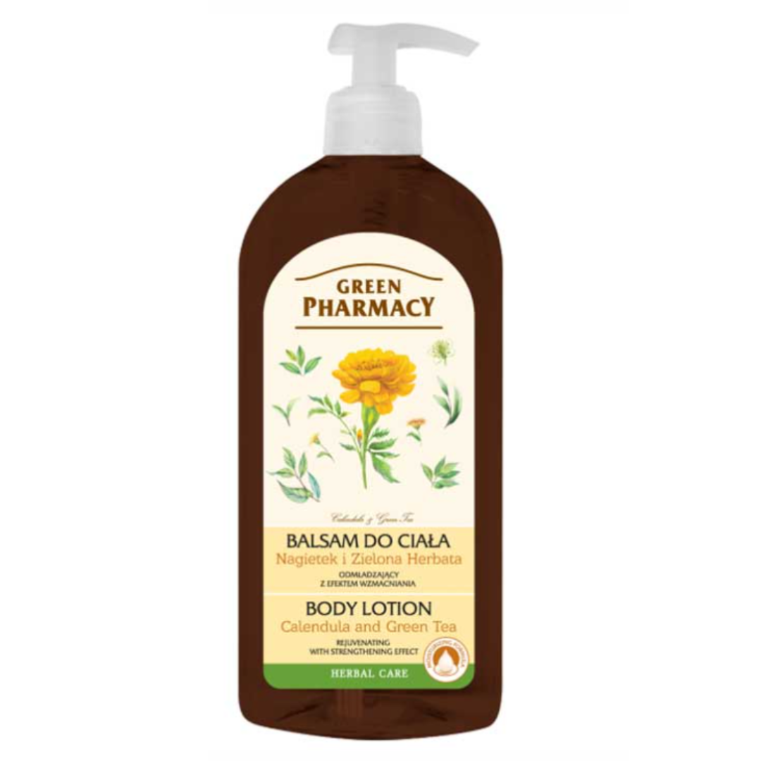 Bottle of Green Pharmacy Body Lotion with Calendula and Green Tea, featuring a pump dispenser and herbal design.