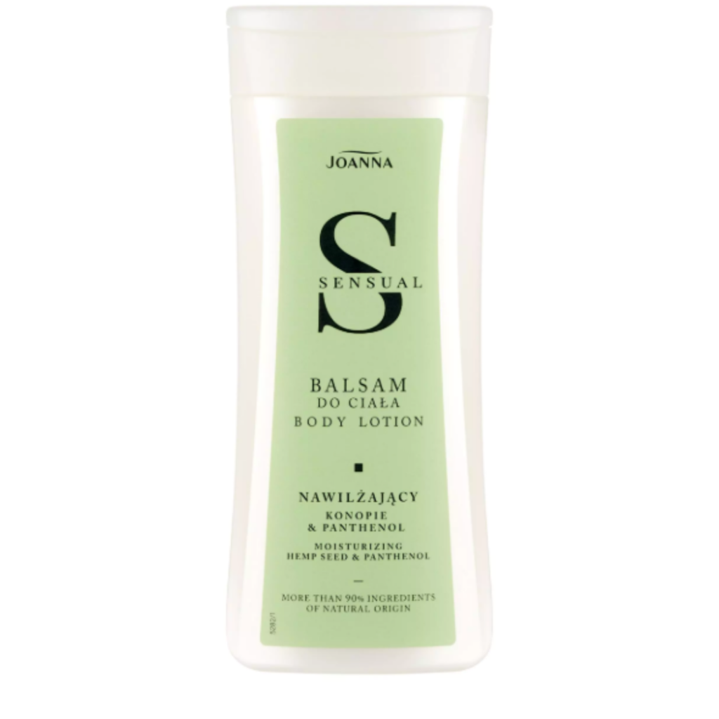 Bottle of Joanna Sensual Body Lotion with hemp seed and panthenol for moisturizing and soothing dry skin