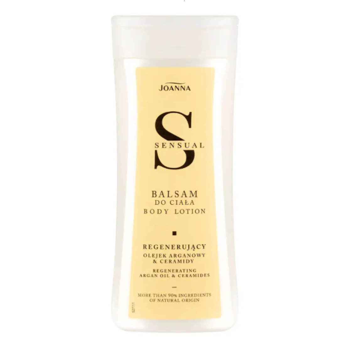 Joanna Sensual Regenerating Body Lotion with Argan Oil & Ceramides in a white bottle with beige label, 250G