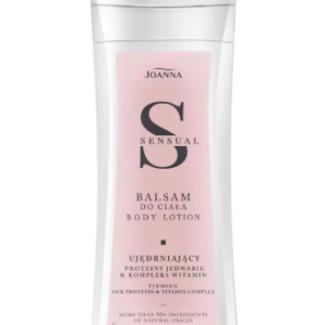 Bottle of Joanna Sensual Firming Body Lotion with silk proteins and vitamin complex, featuring a pink label on white packaging.