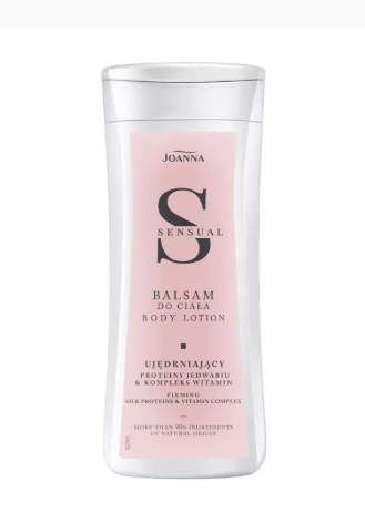 Bottle of Joanna Sensual Firming Body Lotion with silk proteins and vitamin complex, featuring a pink label on white packaging.