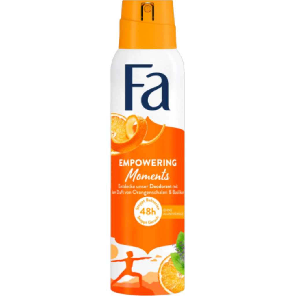 Fa Empowering Moments Anti-Perspirant Spray in orange and white bottle with orange and basil design