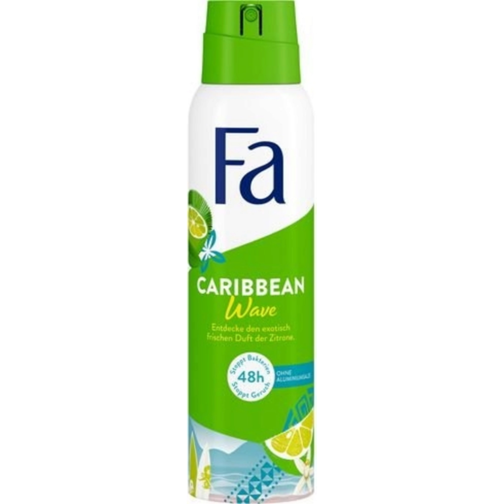 Fa Caribbean Wave Anti-Perspirant Spray in green and white bottle with tropical lemon and beach design