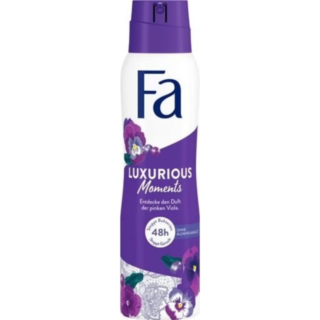 Fa Luxurious Moments Anti-Perspirant Spray in purple and white bottle with pink viola flower design