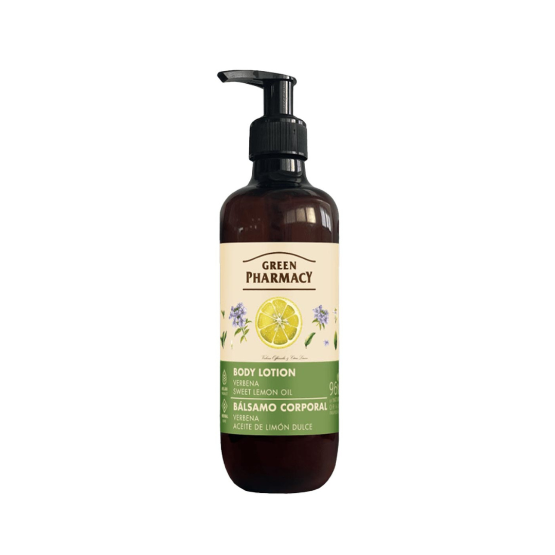 Green Pharmacy Fig & Argan Oil Body Lotion in a dark amber pump bottle with illustrated figs and argan nuts on the label.