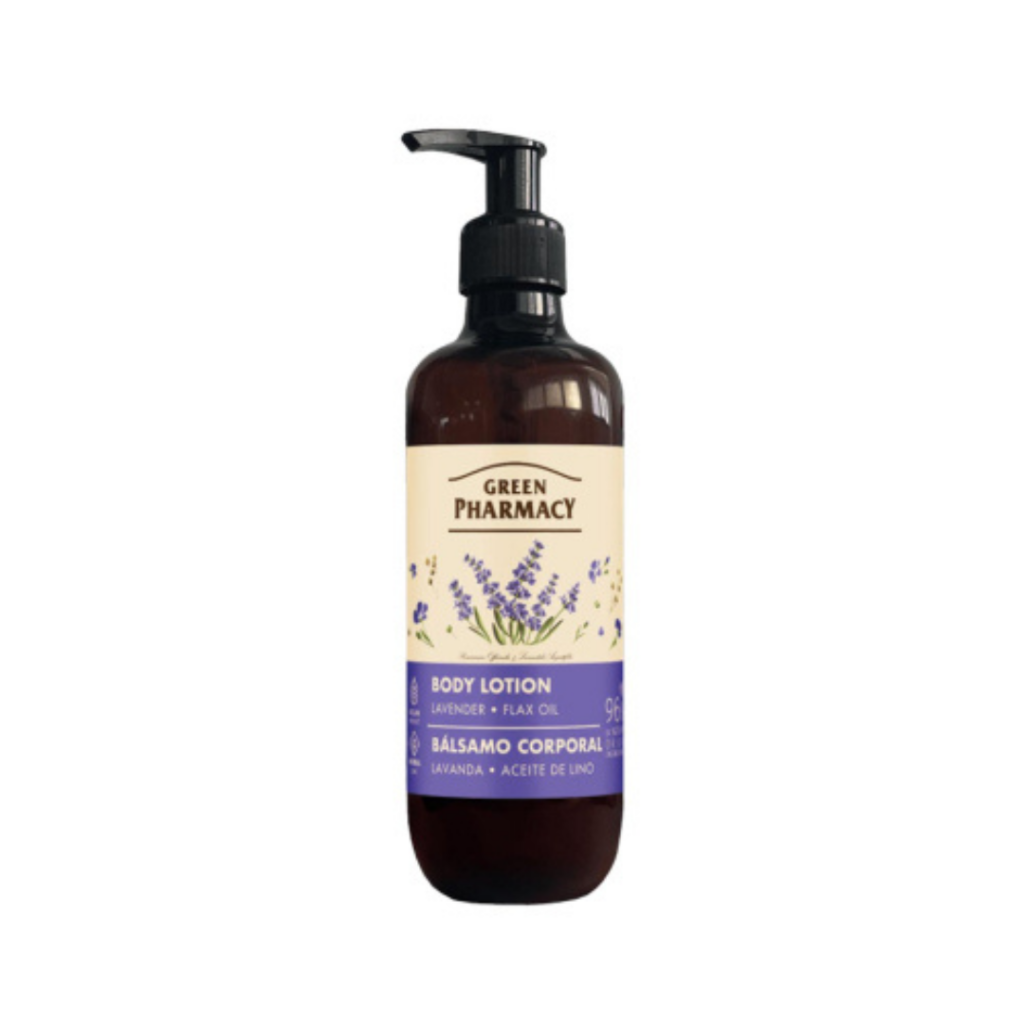 Green Pharmacy Lavender & Flax Oil Body Lotion in a dark amber pump bottle with lavender illustrations on the label.