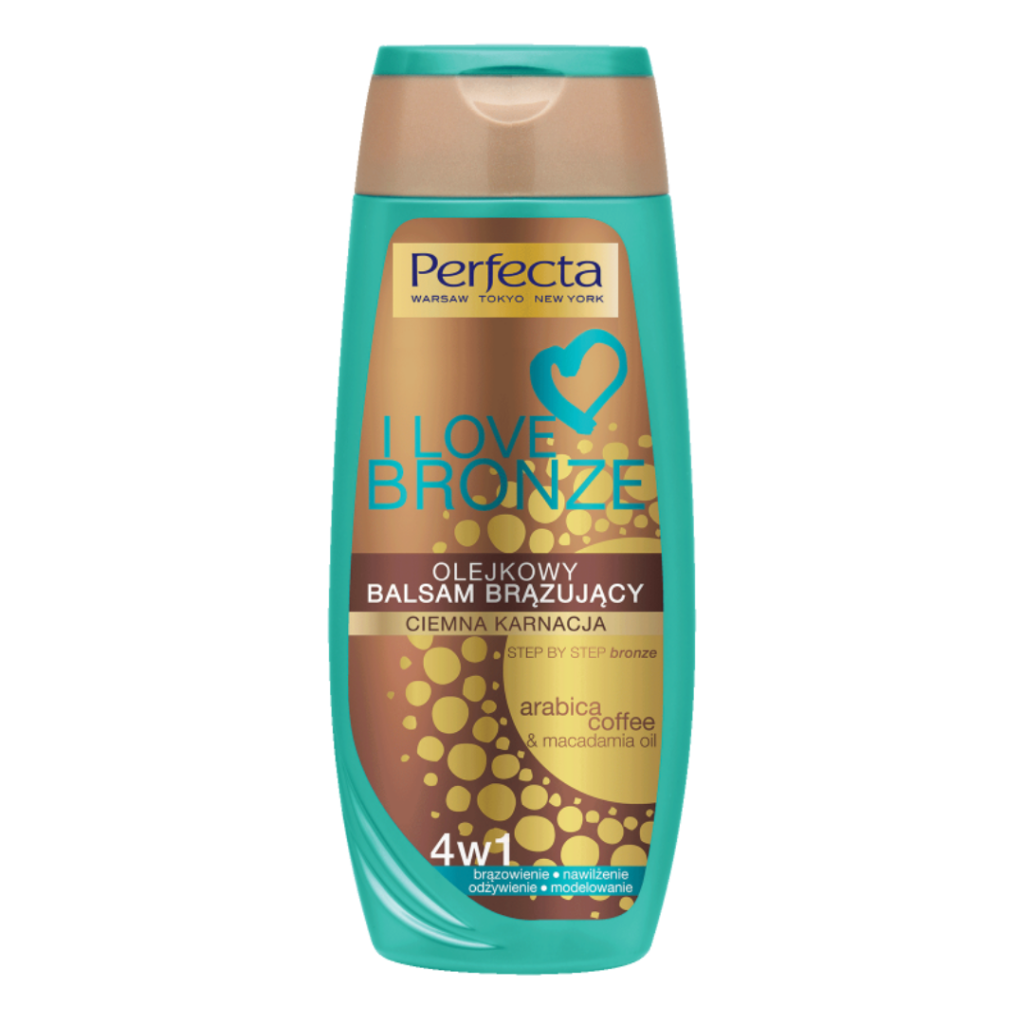 Perfecta I Love Bronze Tanning Oil Balm for dark complexions in a turquoise and bronze bottle with coffee and oil extract highlights.