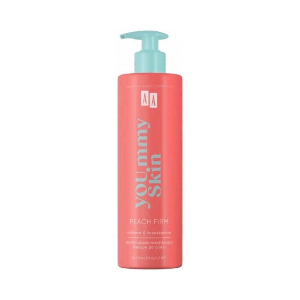 Coral bottle of AA Yoummy Skin Peach Firm Moisturising & Firming Body Balm with blue pump