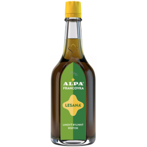 Bottle of ALPA Francovka Lesana Herbal Alcohol Solution with green and yellow label