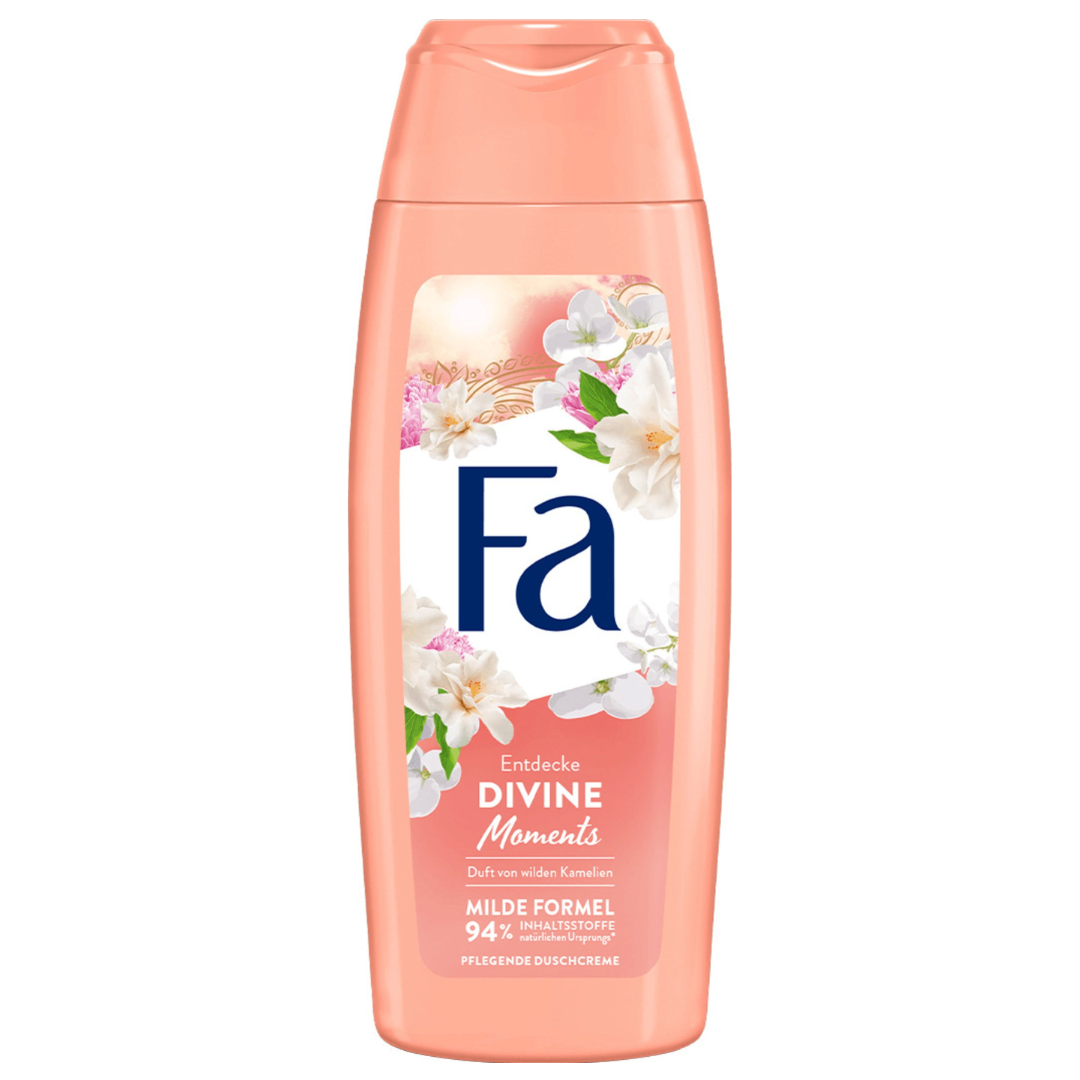 Peach-colored bottle of Fa Divine Moments Shower Cream with floral design and wild camellia scent