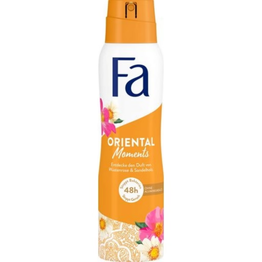 Fa Oriental Moments Deodorant Spray in orange and white bottle with floral and oriental design