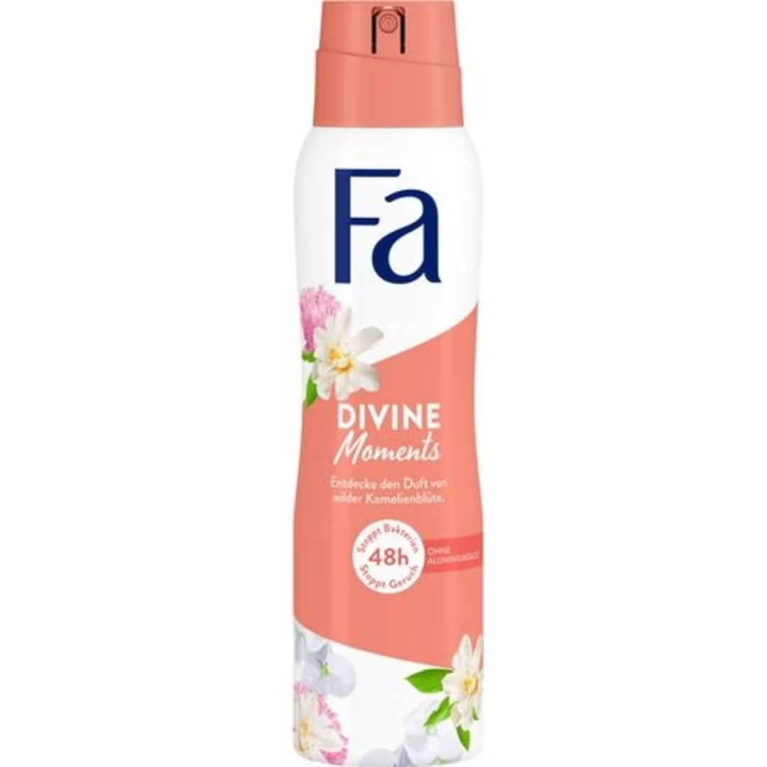 Fa Divine Moments Anti-Perspirant Spray in a coral and white bottle with floral camellia blossom design