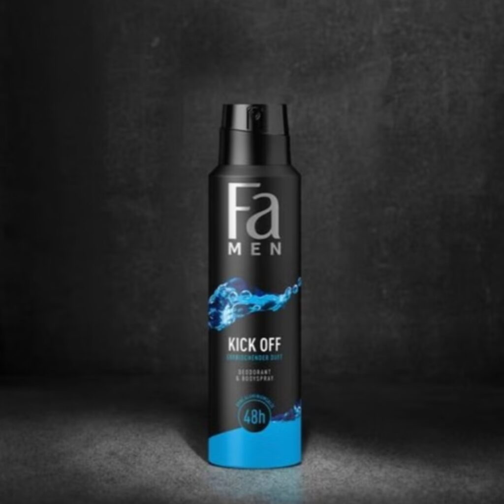 Fa Men Kick Off Deodorant & Bodyspray 48h in black and blue spray can against dark background.