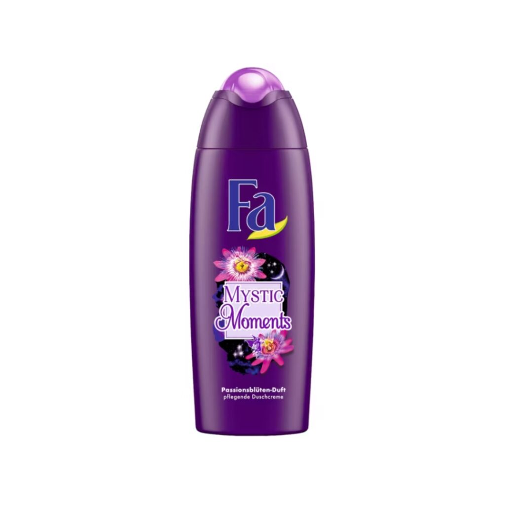 Fa Mystic Moments Shower Cream in purple bottle with passionflower design.