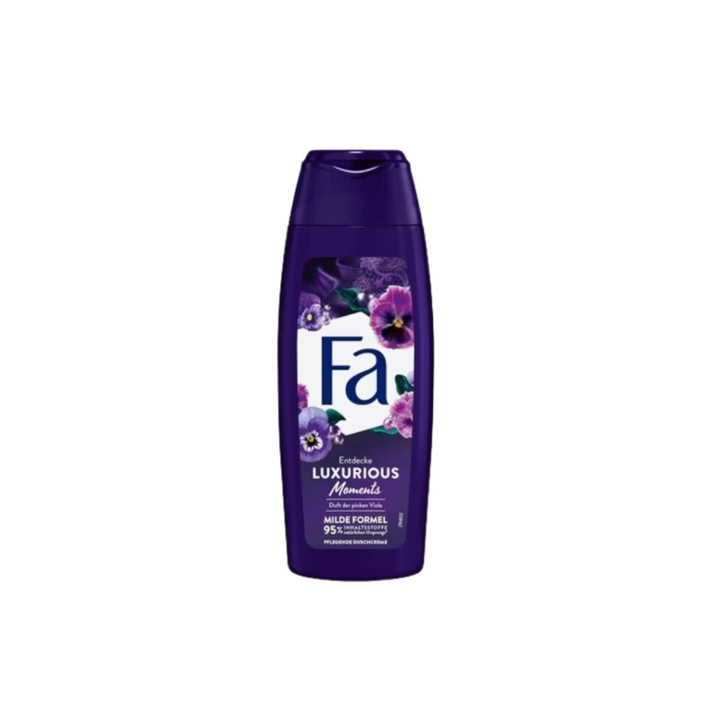 Fa Luxurious Moments Shower Cream in dark purple bottle with black violet flower design.
