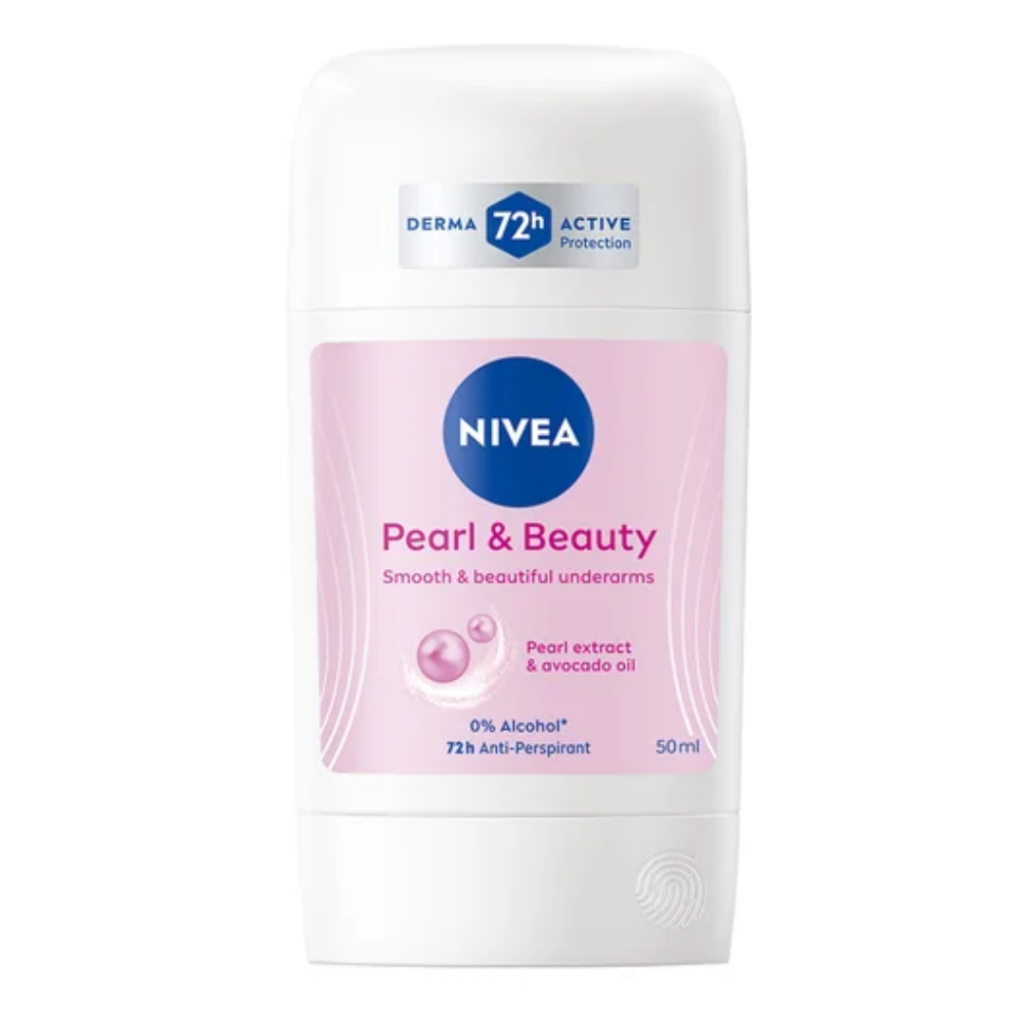 Nivea Pearl & Beauty Anti-Perspirant Stick 50ml with pearl extract and avocado oil for 72h protection.