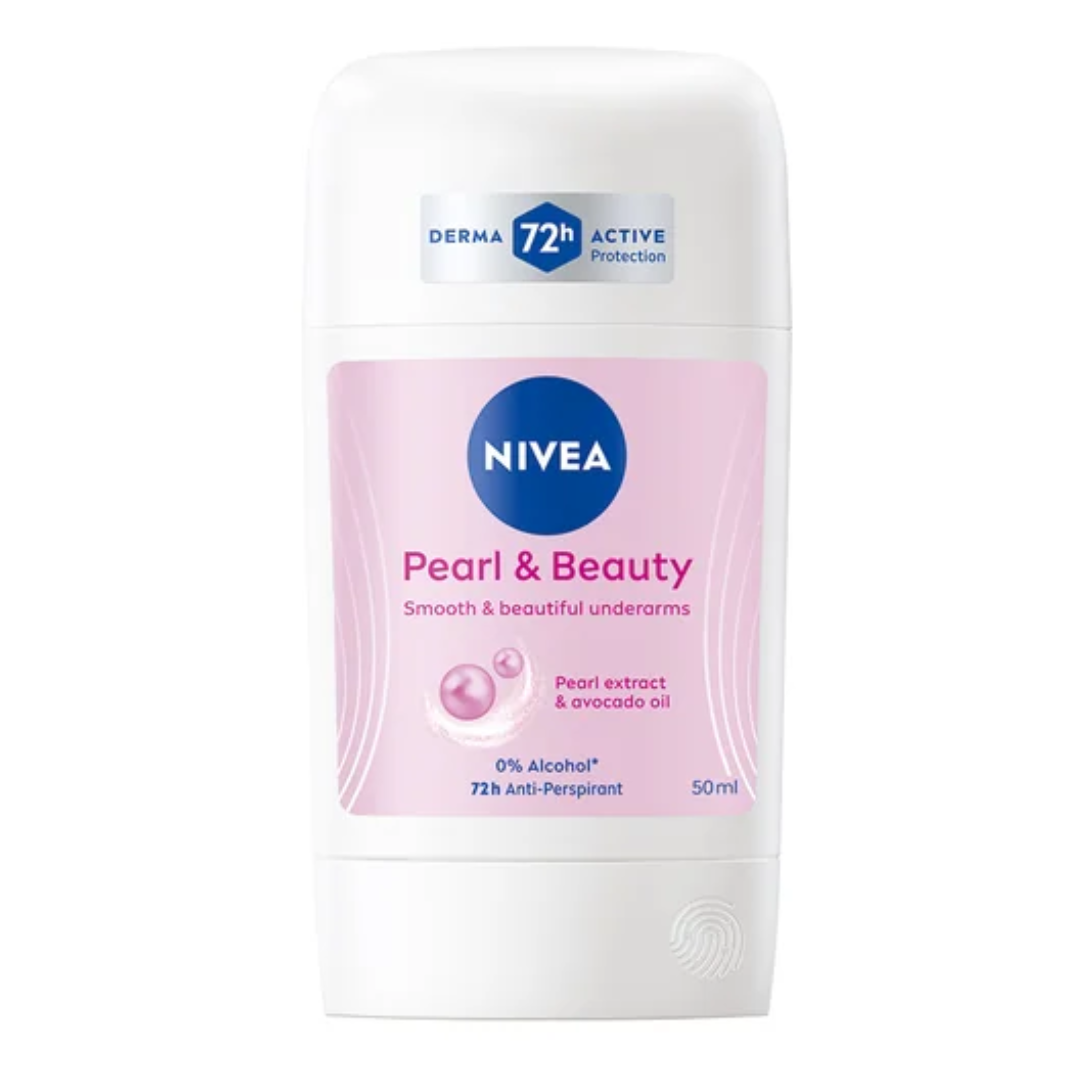 Nivea Pearl & Beauty Anti-Perspirant Stick 50ml with pearl extract and avocado oil for 72h protection.