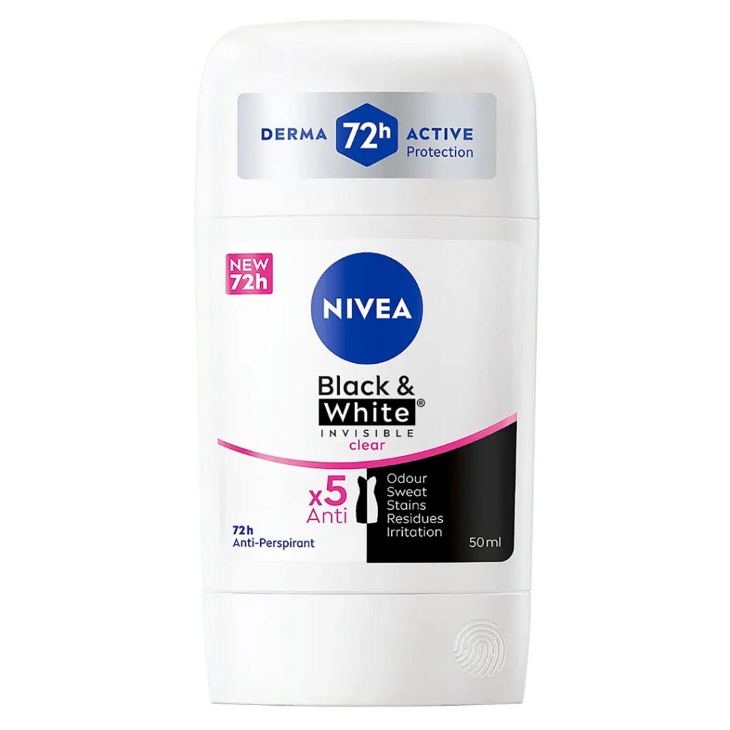 Nivea Black & White Invisible Clear Anti-Perspirant Stick 50ml with 72h x5 anti-protection formula.