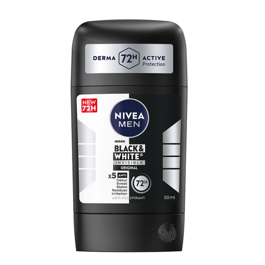 Nivea Men Black & White Invisible Original Anti-Perspirant Stick 50ml with 72h x5 anti-protection formula.