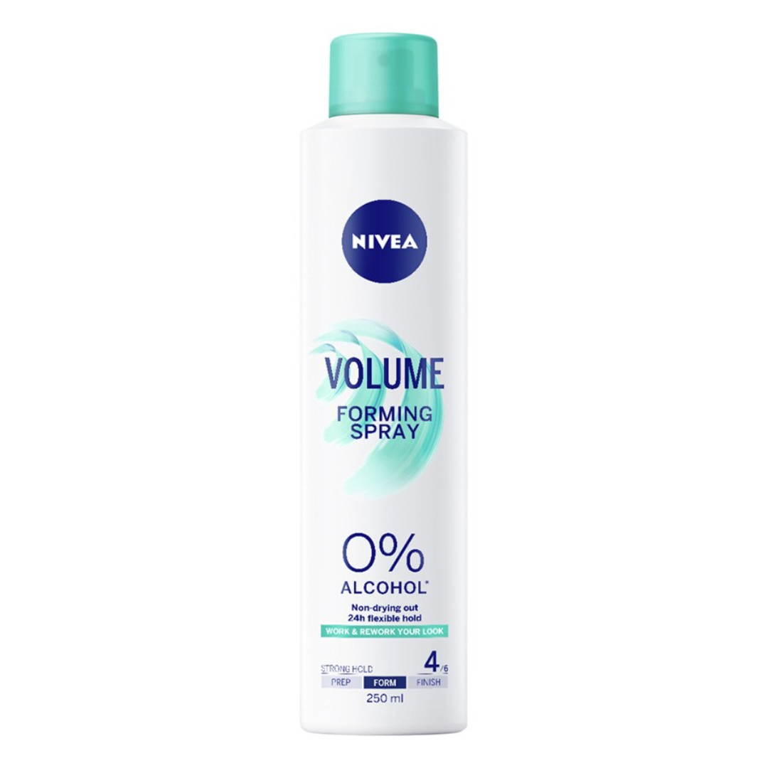 Nivea Volume Forming Spray 250ml with 24h flexible hold and 0% alcohol non-drying formula.