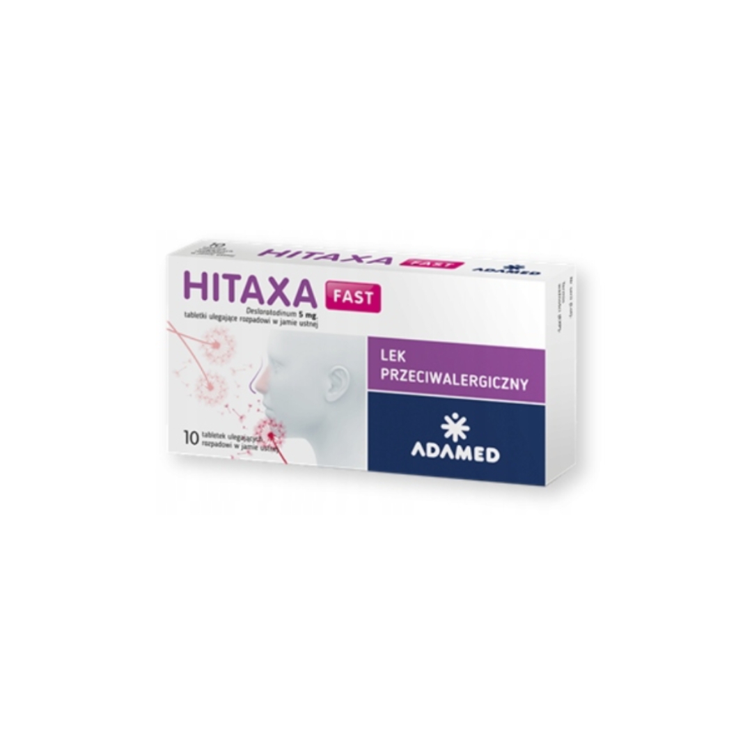 Box of Hitaxa Fast 5 mg allergy tablets by Adamed, showing product packaging with text in Polish and an illustration of nasal relief.