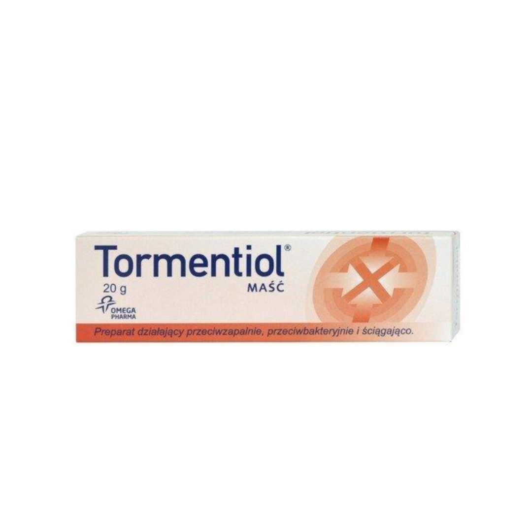 Box of Tormentiol Ointment 20g by Omega Pharma for skin inflammation, antibacterial and astringent treatment.