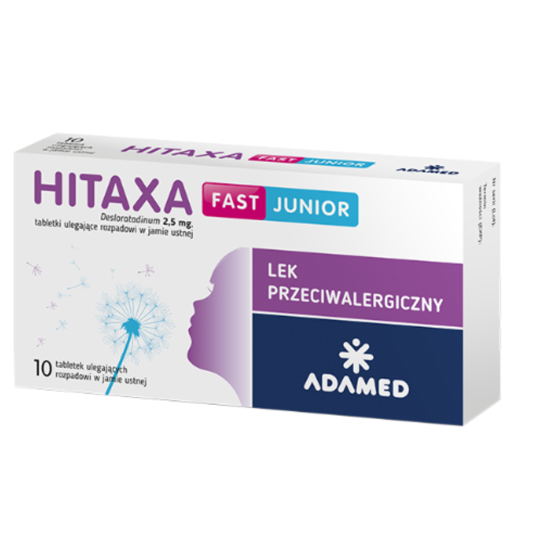 Hitaxa Fast Junior 2.5 mg antiallergic tablets for children, 10-pack by Adamed with fast-dissolving formula.