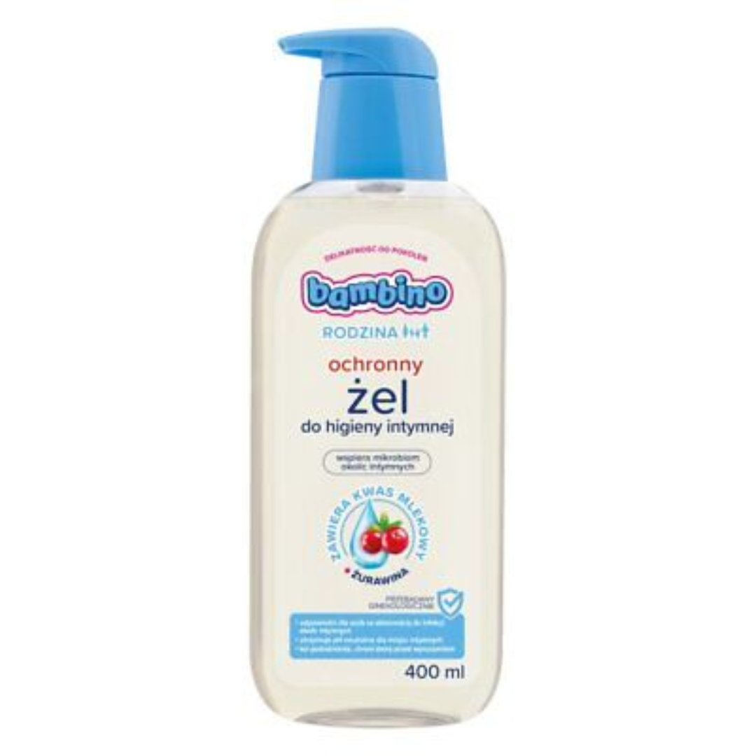 Bottle of Bambino Rodzina Intimate Hygiene Gel with pump, showing cranberry and lactic acid formula, 400ml size.