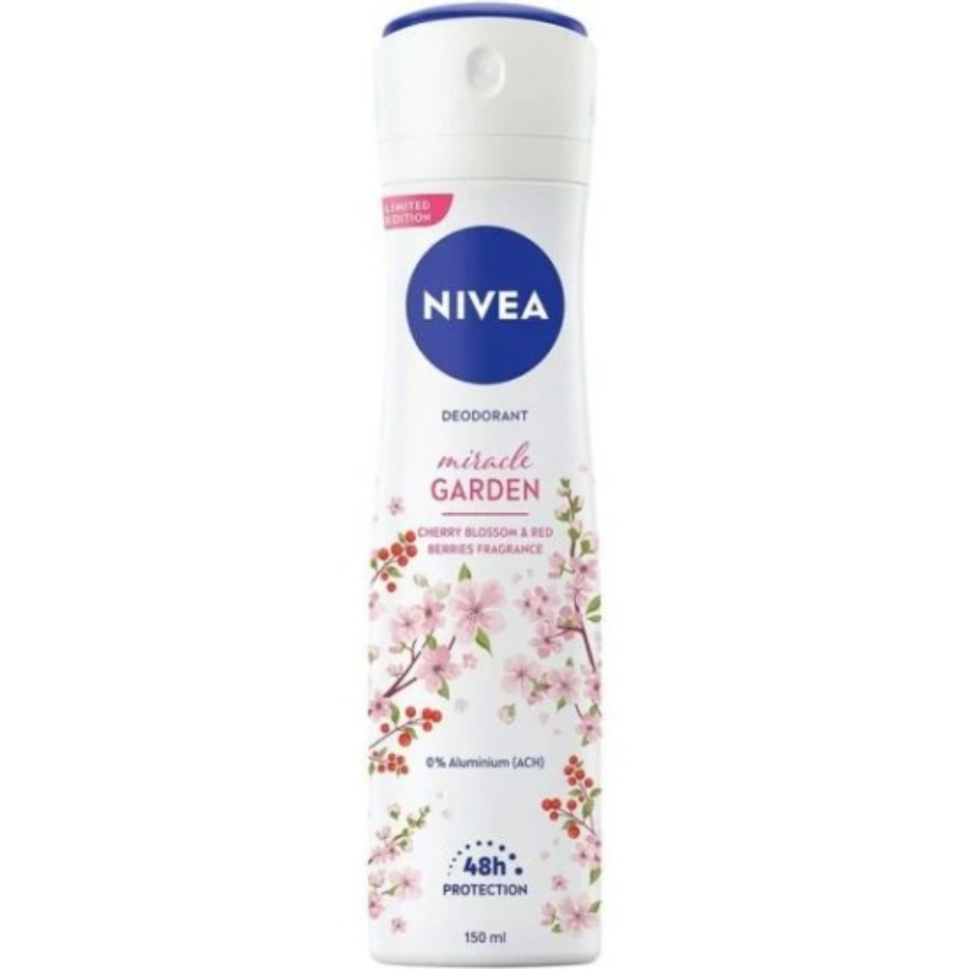 NIVEA Miracle Garden Deodorant Spray 150ml with cherry blossom and red berries design on a white bottle
