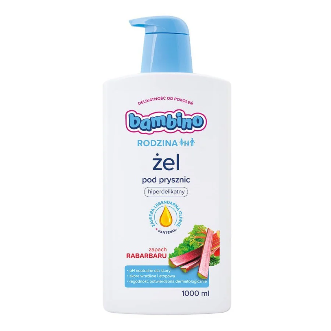 Bambino Rodzina Shower Gel bottle with Rhubarb scent,1L, gentle formula for sensitive skin and family use