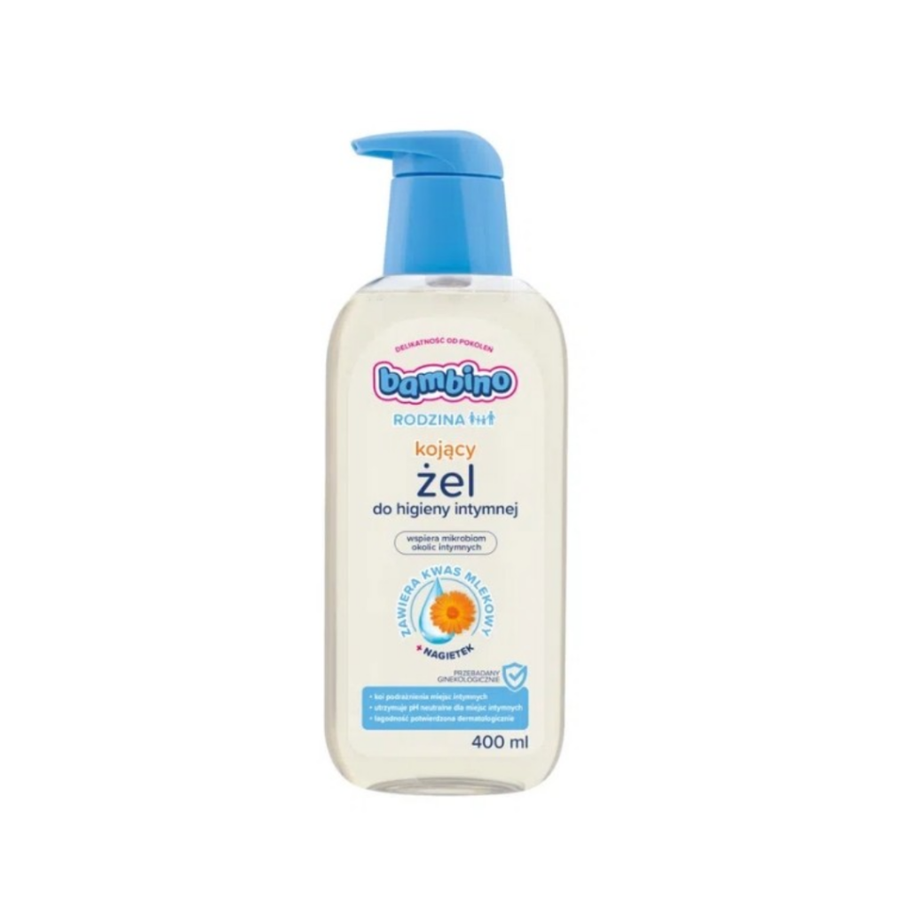 400ml bottle of Bambino Rodzina Soothing Intimate Hygiene Gel with blue pump and calendula flower design on the label.