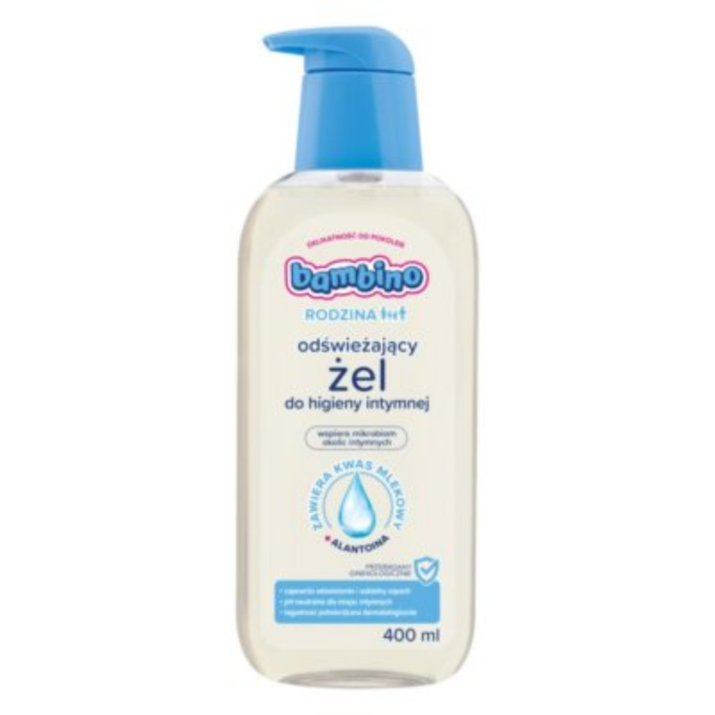 400ml bottle of Bambino Rodzina Refreshing Intimate Gel with blue pump cap and water drop symbol on the label.