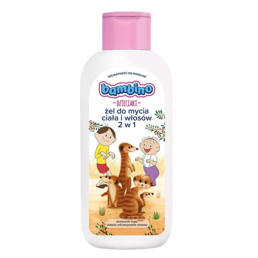 400ml bottle of Bambino Dzieciaki 2-in-1 Body and Hair Wash Gel with cartoon children and meerkats on the label.