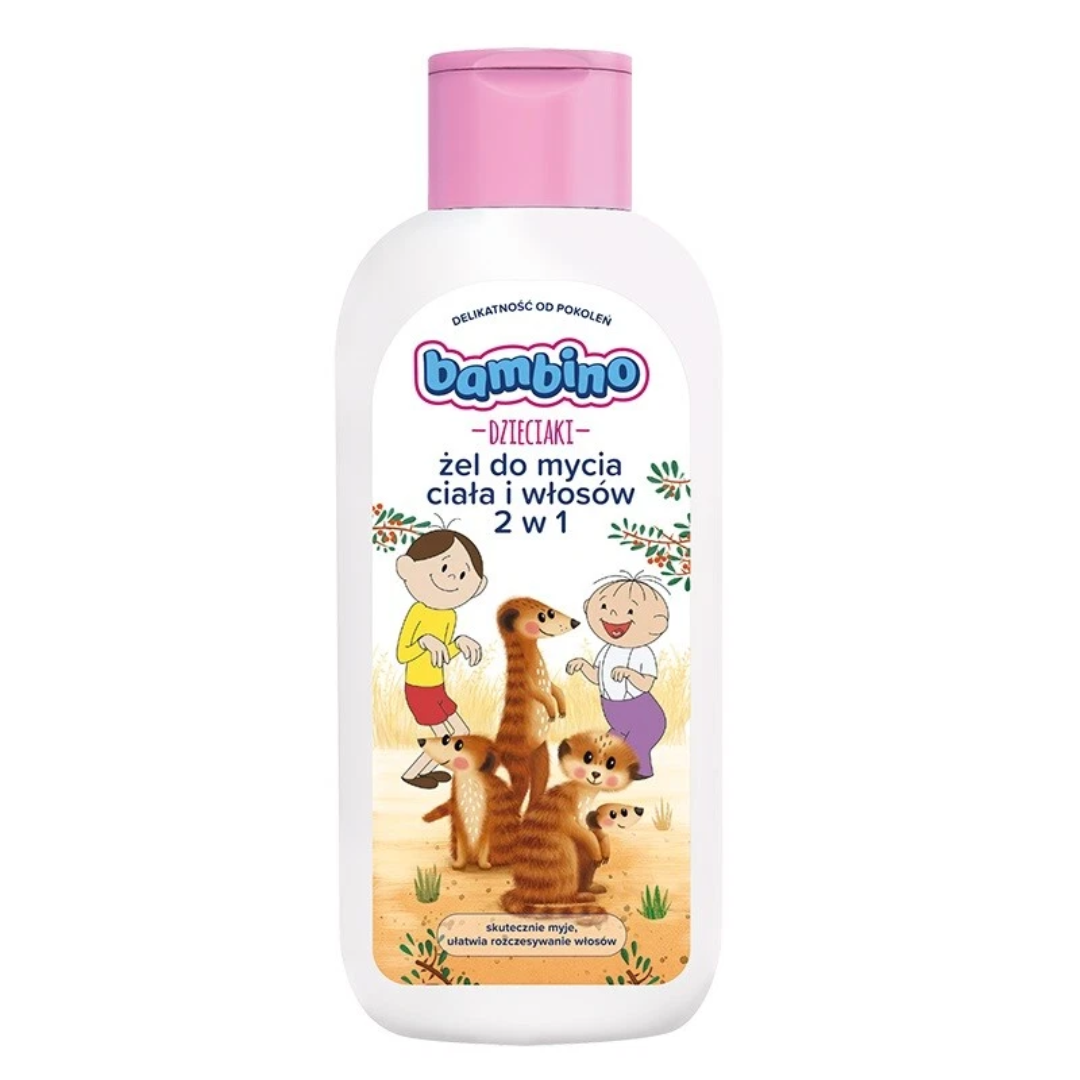 400ml bottle of Bambino Dzieciaki 2-in-1 Body and Hair Wash Gel with cartoon children and meerkats on the label.