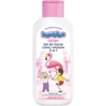 400ml bottle of Bambino Dzieciaki 2-in-1 Body and Hair Wash Gel with cartoon flamingo and children on the label.