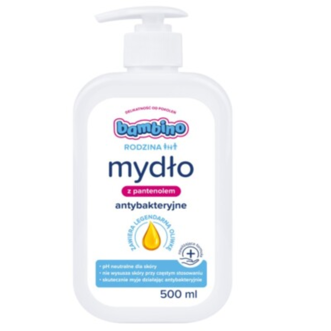 500ml pump bottle of Bambino Rodzina Antibacterial Soap with panthenol and olive oil.