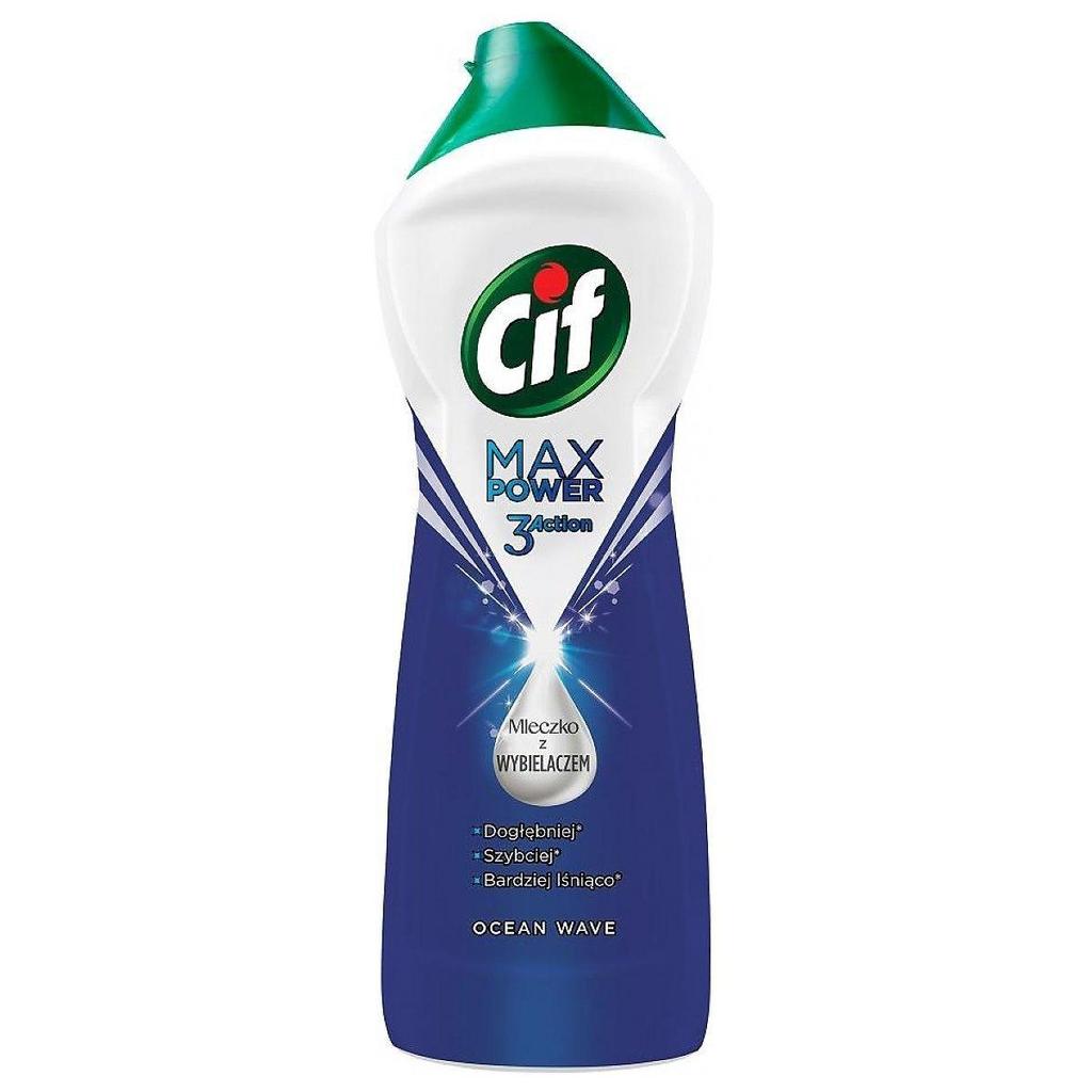 Cif Max Power 3 Action Ocean Wave Cleaning Cream with bleach in a blue and white bottle,