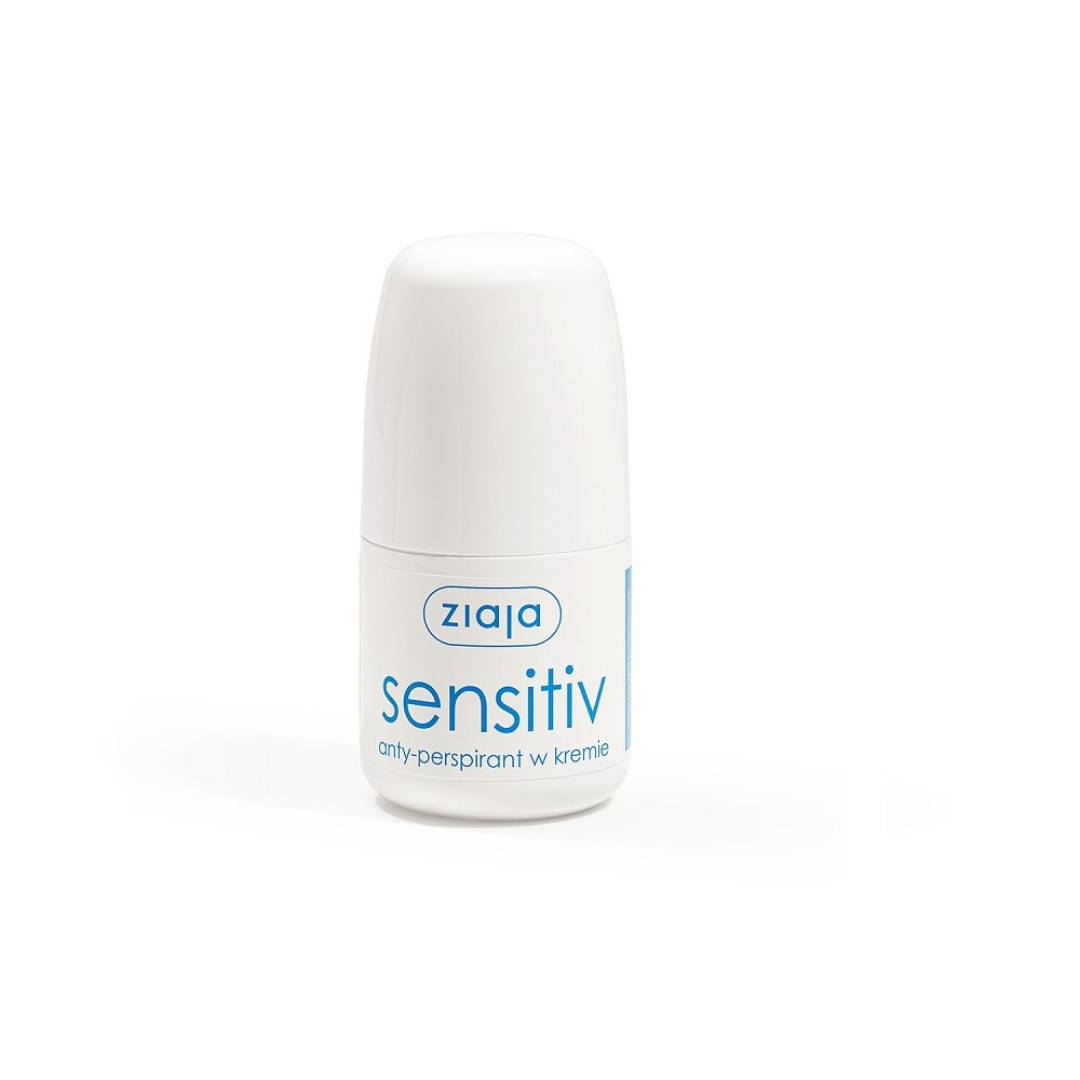 Ziaja Sensitiv roll-on antiperspirant in a white bottle with blue label, designed for sensitive skin.